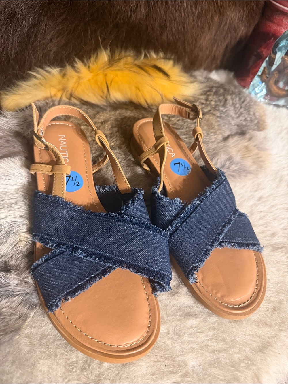 Nautica Women's Navy Denim Crisscross Strap Sandals with Tan Footbed 7.5 (6003)